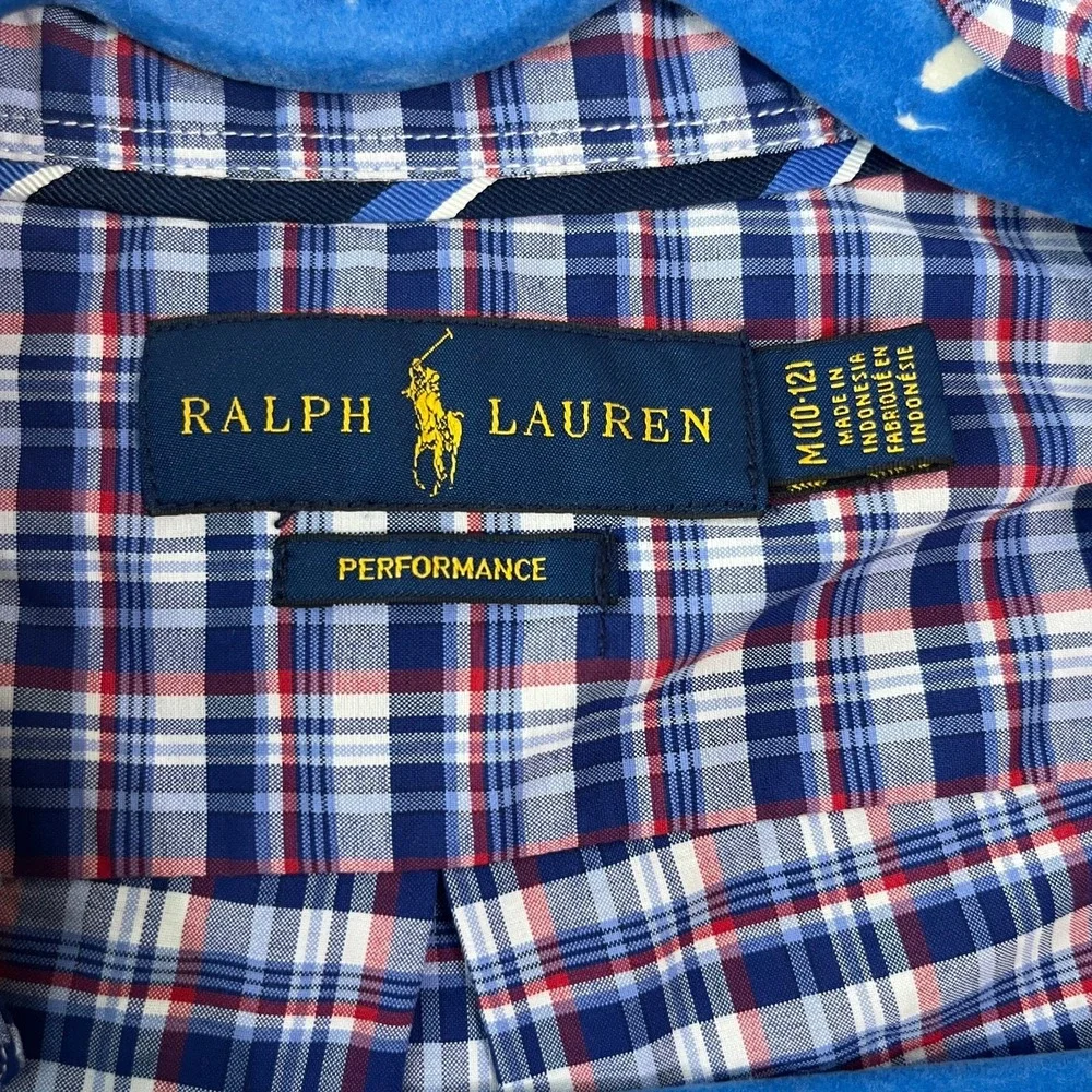 Ralph Lauren Performance Shirt Boys Medium 10-12 Blue Plaid Button Down Casual